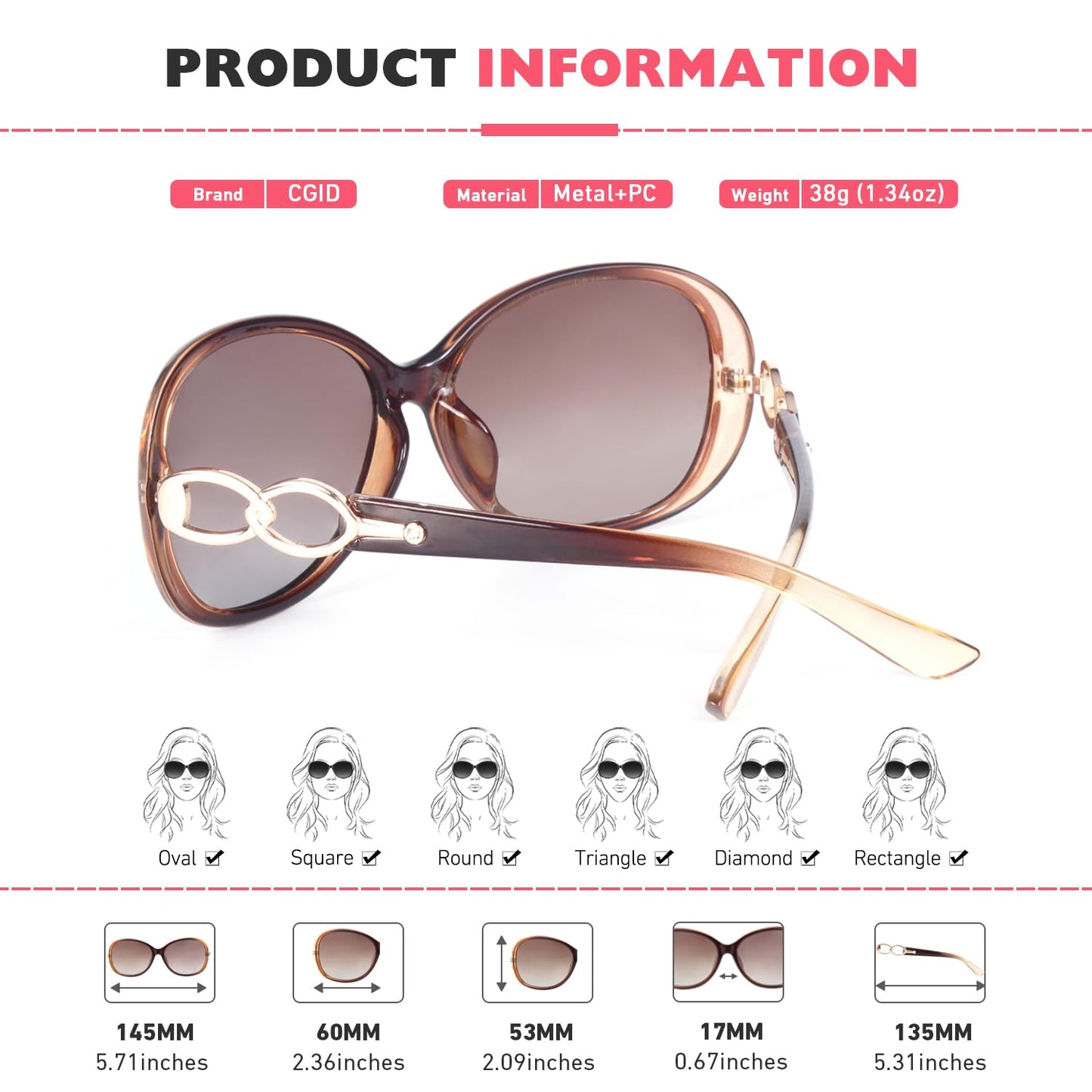 CGID Sunglasses Womens Ladies Polarised Retro Designer Sun Glasses Brown Big Frame Oversized Shades UV Protection Goggles Rhinestones Brown Gradient Lens
