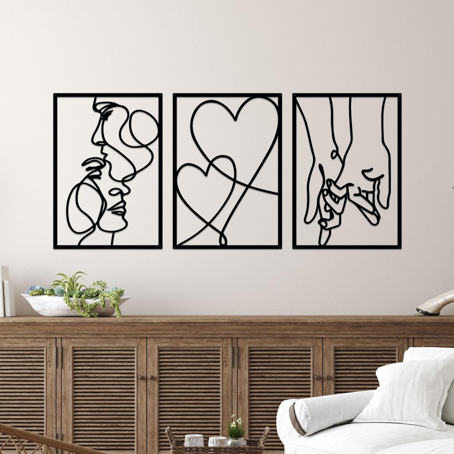 ESTART 3 Pieces Metal Minimalist Line Wall Art, Valentine's Day Lover Kiss Hand Metal Wall Decor, Aesthetic Modern Home Hanging Wall Art Decor for Bedroom Living Room