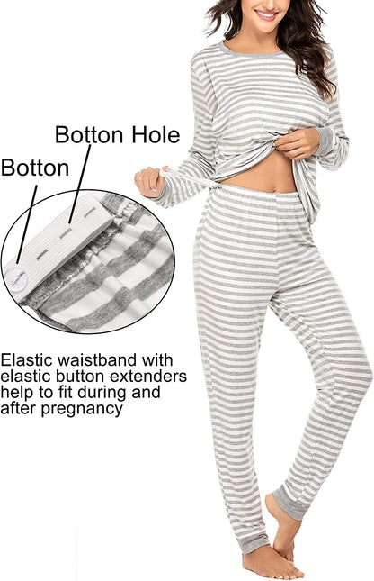 Ekouaer Maternity Clothes for Winter Nursing Pajamas for Women Breastfeeding Soft Sleepwear Loungewear, A Light Gray Stripe, S
