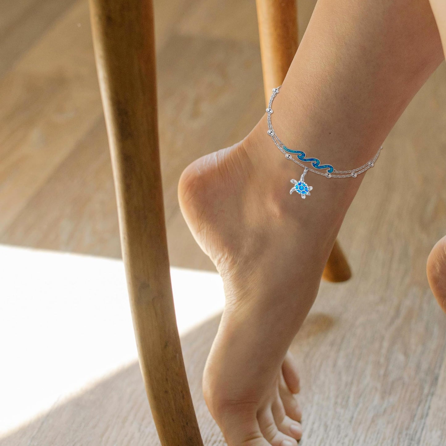 DAYLINLOVE Turtle Wave Anklet 925 Sterling Silver Blue Opal Turtle Wave Anklet Ocean Jewellery for Women