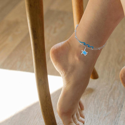 DAYLINLOVE Turtle Wave Anklet 925 Sterling Silver Blue Opal Turtle Wave Anklet Ocean Jewellery for Women