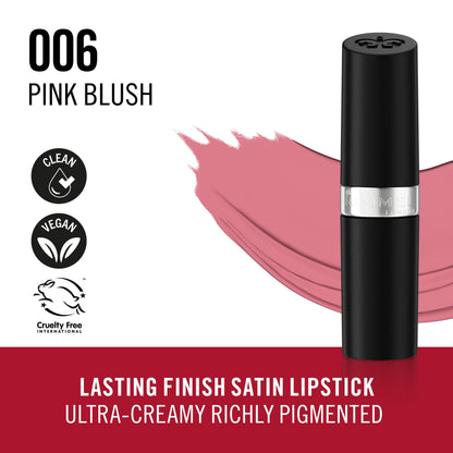Rimmel Lasting Finish Lipstick 006 Pink Blush, Creamy Satin Finish, Long Lasting 8 HR Wear, Comfortable Formula, Rich Pigment