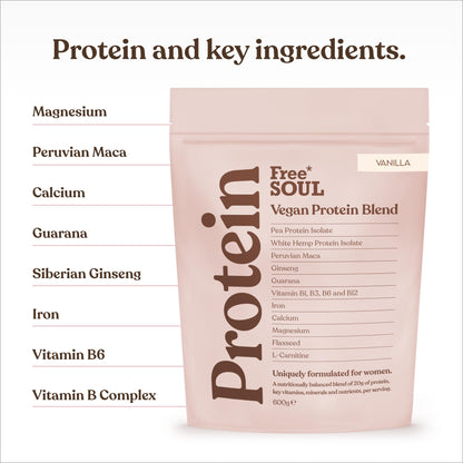 Free Soul Vegan Protein Powder | Formulated for Women | 600g | 20g Protein with Added Nutrients | Gluten & Soy Free Plant-Based Nutrition Shake | Pea & Hemp Isolate Protein | Vanilla Flavour