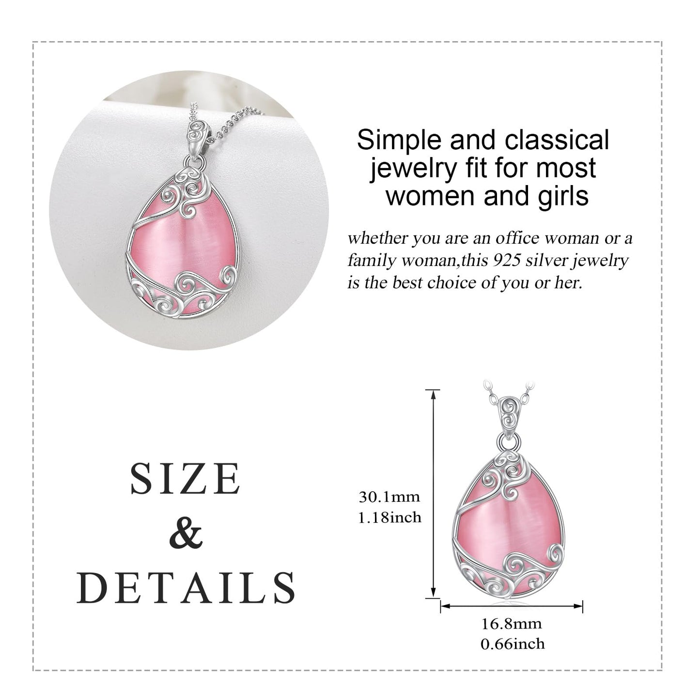 YAFEINI Teardrop Necklace 925 Sterling Silver Pink Natural Stone Necklace Filigree Pendant Necklace Jewellery for Women Girls (V-Pink Opal teardrop necklace)