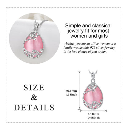 YAFEINI Teardrop Necklace 925 Sterling Silver Pink Natural Stone Necklace Filigree Pendant Necklace Jewellery for Women Girls (V-Pink Opal teardrop necklace)