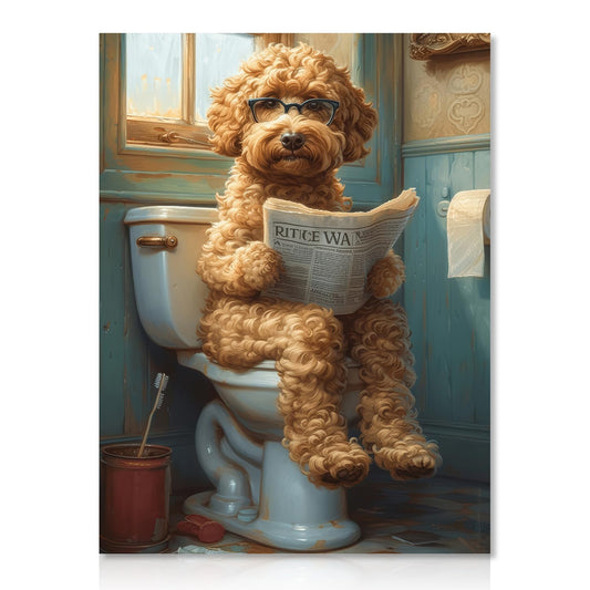 Funny Bathroom Wall Art Poster Dog Reading Newspaper on Toilet, Vintage Dog Wall Art Prints for Toilet Bathroom Decor 12x16 in Unframed