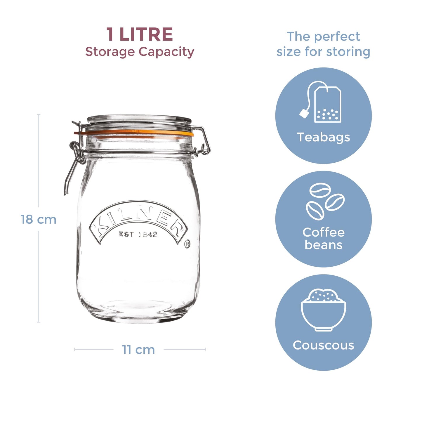 Kilner Clip Top Jar 1 Litre (1000 ml) Airtight Glass Storage Jar for Preserving Fruits Vegetables Coffee Tea Rice Flour Nuts Pasta