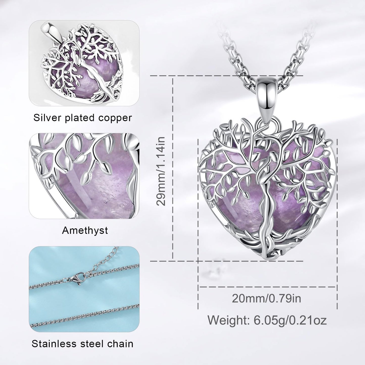 AEONSLOVE Amethyst Necklace Tree of Life Necklace for Women Ladies Girls Amethyst Healing Crystal Necklaces Heart Life Tree Pendant Healing Stones and Crystals Jewellery Gifts
