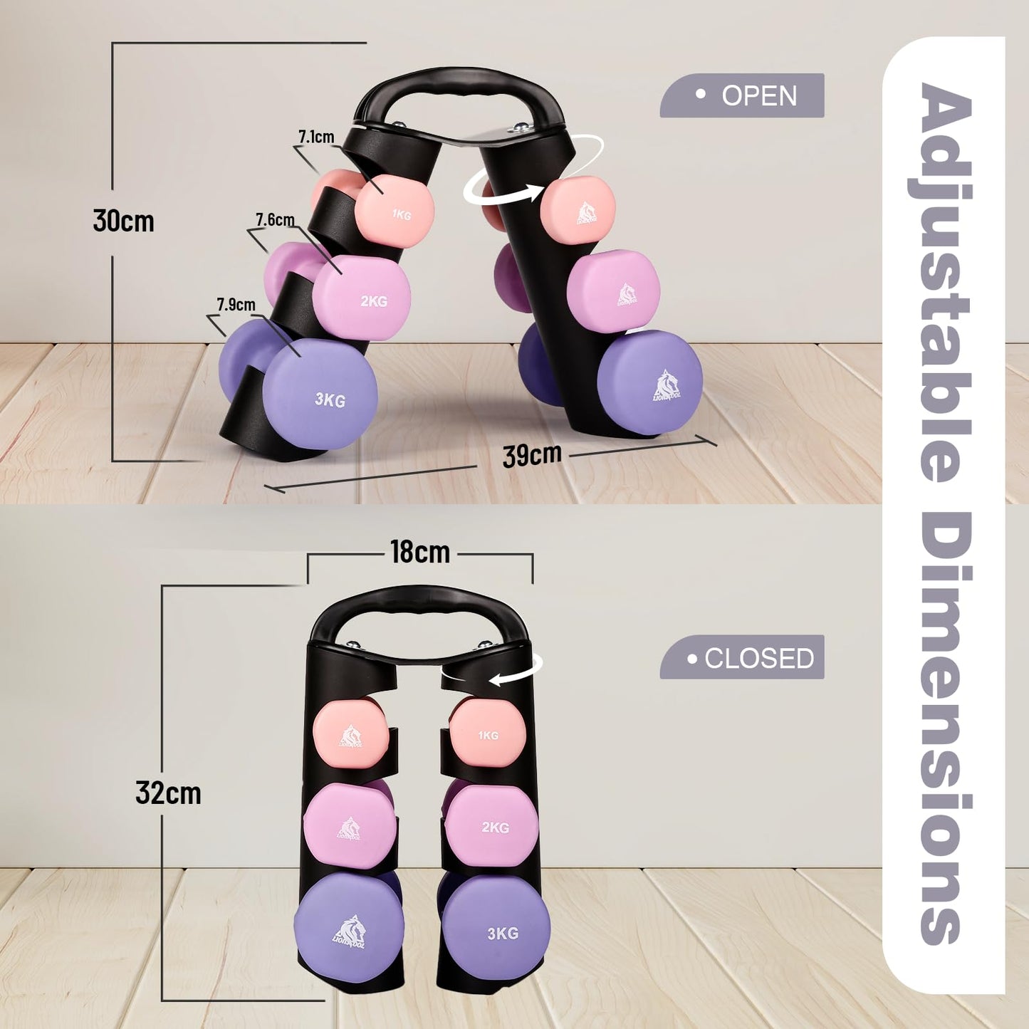 LIONSCOOL Premium Neoprene Dumbbell Sets of 3 Pairs or 5 Pairs With Solid Portable Steel Rack For Home Gym (Power Gradient, 1+2+3)