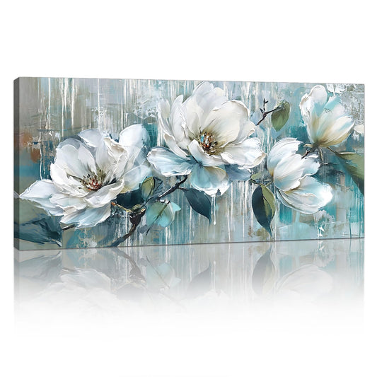FajerminArt Large Framed Canvas Wall Art, Blue White Peony Flowers Wall Canvas Vintage Floral Pictures Painting on Print Canvas Poster Decor for Living Room Bedroom Ready To Hang 120cmx50cm