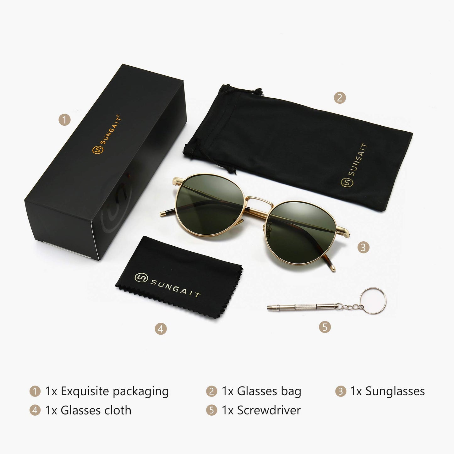 SUNGAIT Round Vintage Polarised Sunglasses Classic Retro Metal Frame Sunglasses Circular for Women Men(Gold Frame/Polarized Green Lens)-SGT059JKMOLVUUK