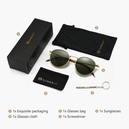 SUNGAIT Round Vintage Polarised Sunglasses Classic Retro Metal Frame Sunglasses Circular for Women Men(Gold Frame/Polarized Green Lens)-SGT059JKMOLVUUK