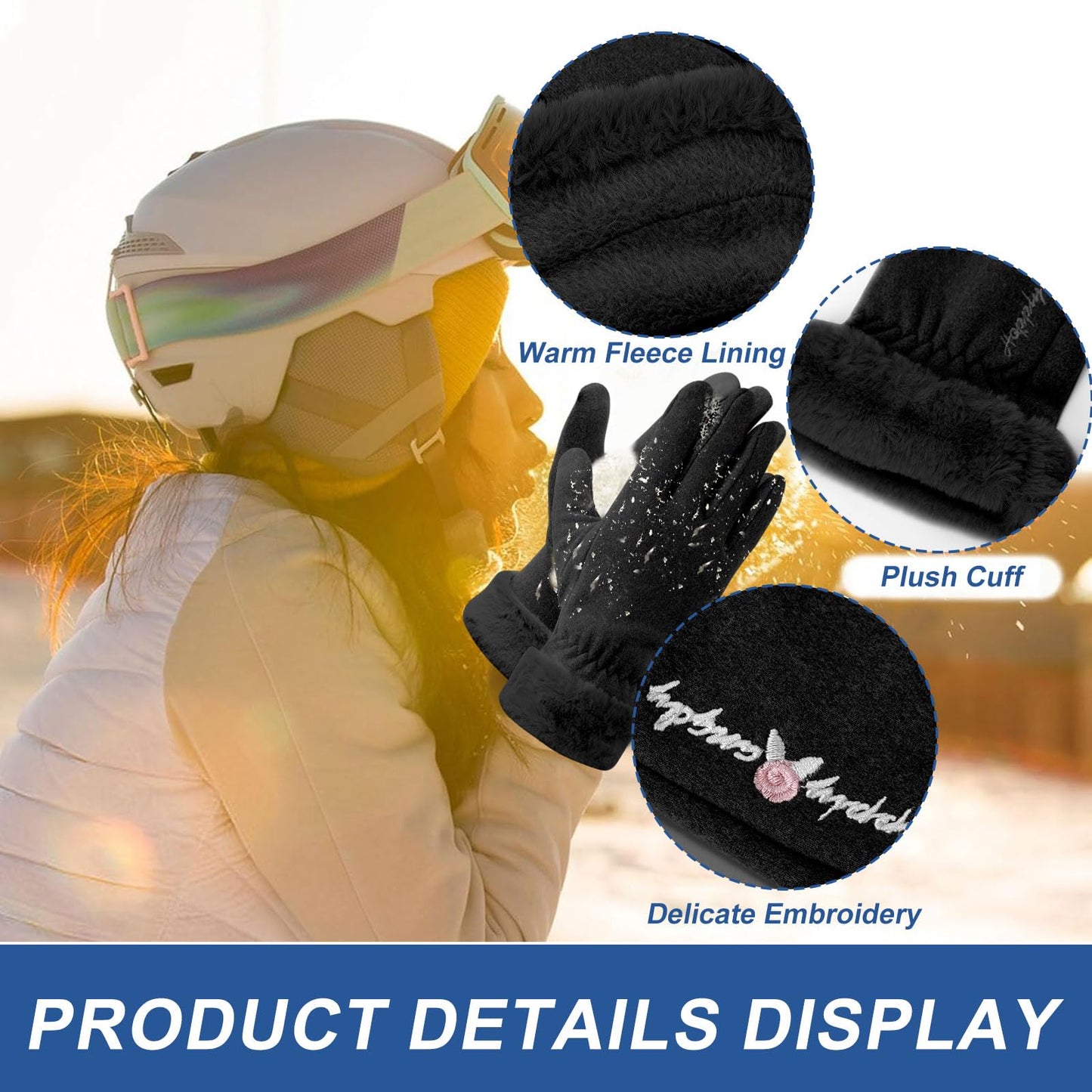 Fjquamitix Winter Thermal Gloves Womens Touch Screen Windproof Warm Gloves With Fleece Lining For Ladies Cold Weather Daily Driving Outdoor Activities Winter Gift For Women Wife Daughter (Black)