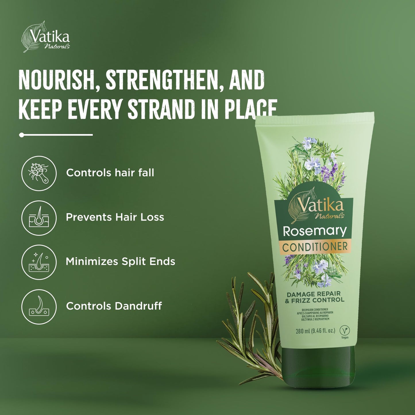 Vatika Natural Rosemary Conditioner, 280gm, Conditioner for dry hair, Anti-dandruff conditioner, Promotes Hair Growth, Nourishes & Conditions Hair, Rosemary oil