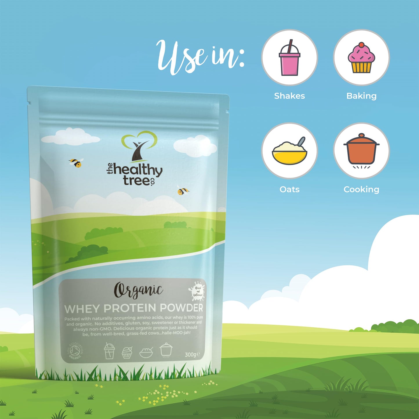 Organic Whey Protein Powder (300g) - Grass Fed Unflavoured Organic Protein Powder by TheHealthyTree Company - Low Carb Natural Protein for Muscle Growth & Recovery