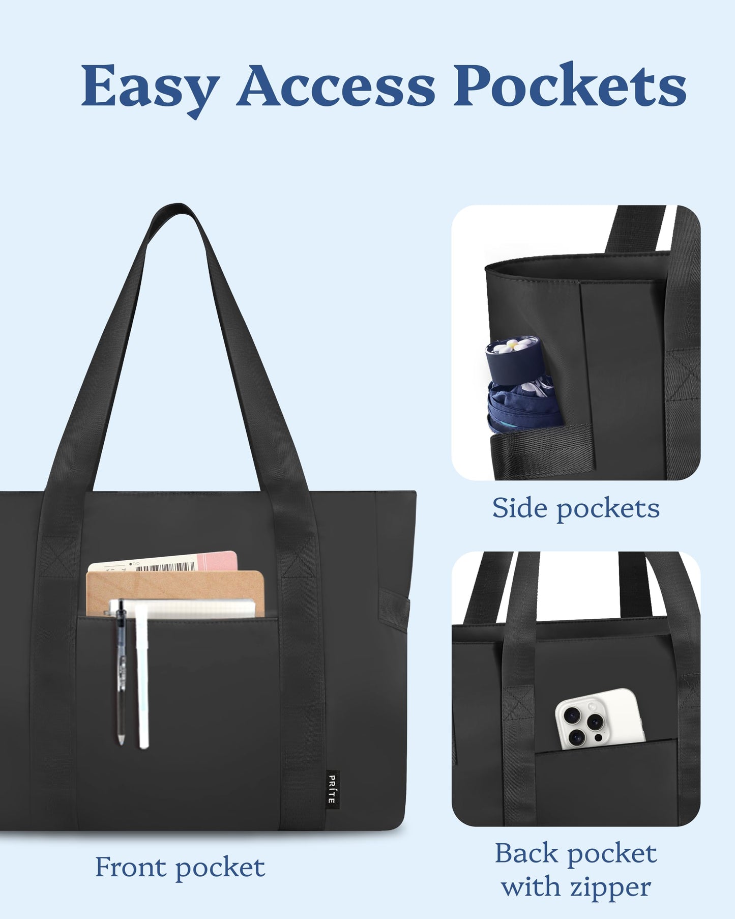 Prite Tote Bag for Women Weekender Bag with Laptop Compartment for Work Nurse School Travel Gym (Black)