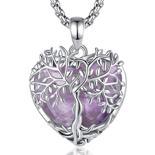 AEONSLOVE Amethyst Necklace Tree of Life Necklace for Women Ladies Girls Amethyst Healing Crystal Necklaces Heart Life Tree Pendant Healing Stones and Crystals Jewellery Gifts