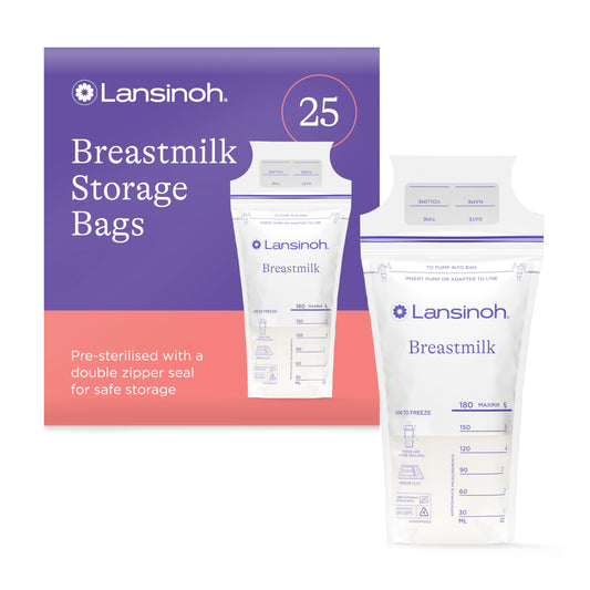 Lansinoh Breast Milk Storage Bags Breastmilk Pouches for fridge or freezer use, store flat or standing, BPA and BPS free, pre-sterilised, double zipper seal, Pack of 25, Packaging may vary