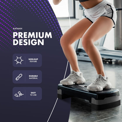 KAYMAN Exercise Steps – Fitness Stepper for Home & Gym, Suited for Aerobics, Cardio, Weights, Yoga, DVD Workout – Adjustable 2 Step Level Heights (10,15 cm) – Perfect Equipment for Fitness (Grey)