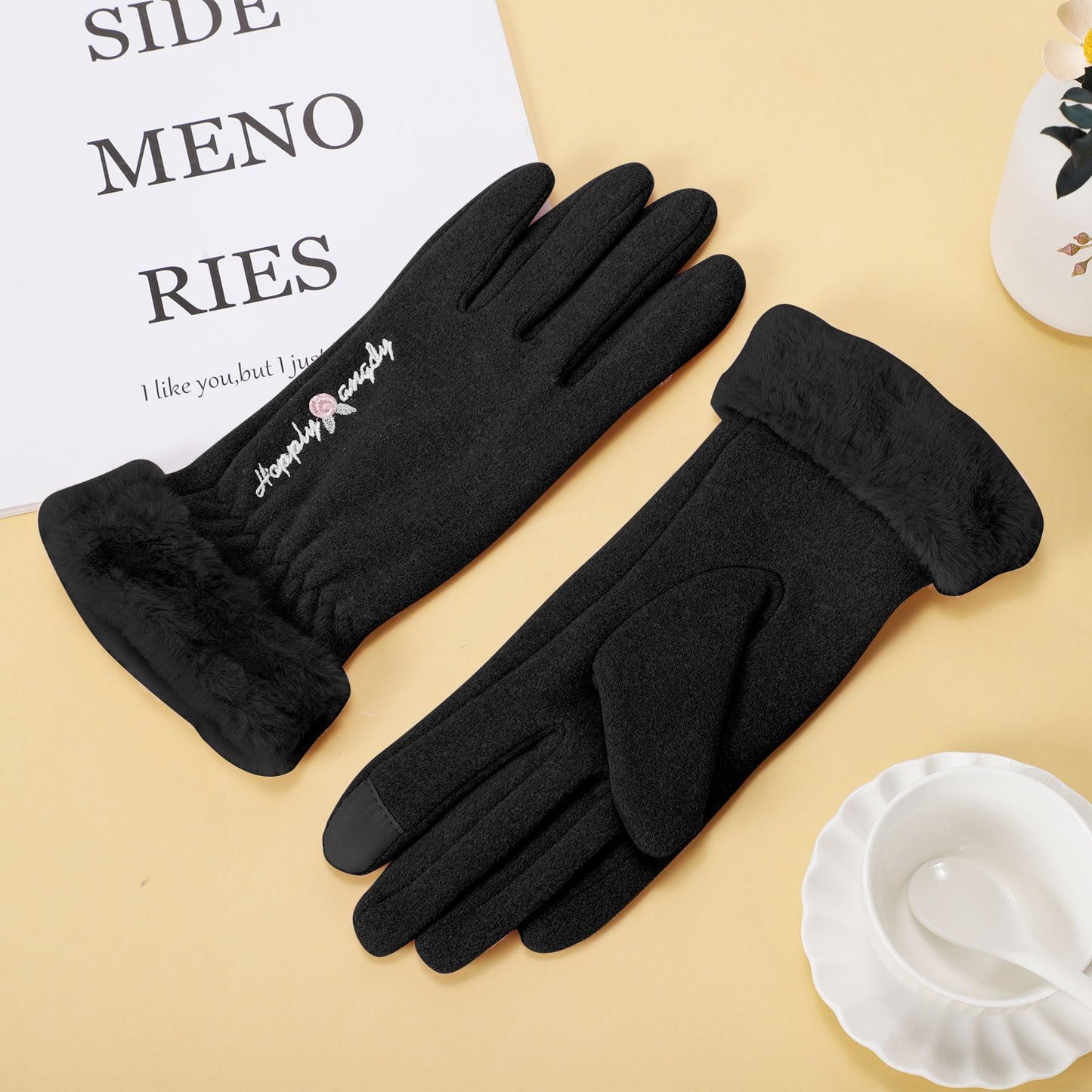 Fjquamitix Winter Thermal Gloves Womens Touch Screen Windproof Warm Gloves With Fleece Lining For Ladies Cold Weather Daily Driving Outdoor Activities Winter Gift For Women Wife Daughter (Black)