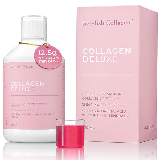 Swedish Collagen Deluxe | 12,500 mg Hydrolysed Marine Collagen Liquid Supplement - 500 ml, 20 Day Supply | Hyaluronic Acid, Biotin and Vitamin C for Healthy Hair, Skin, Nails and Joints | Sugar-Free
