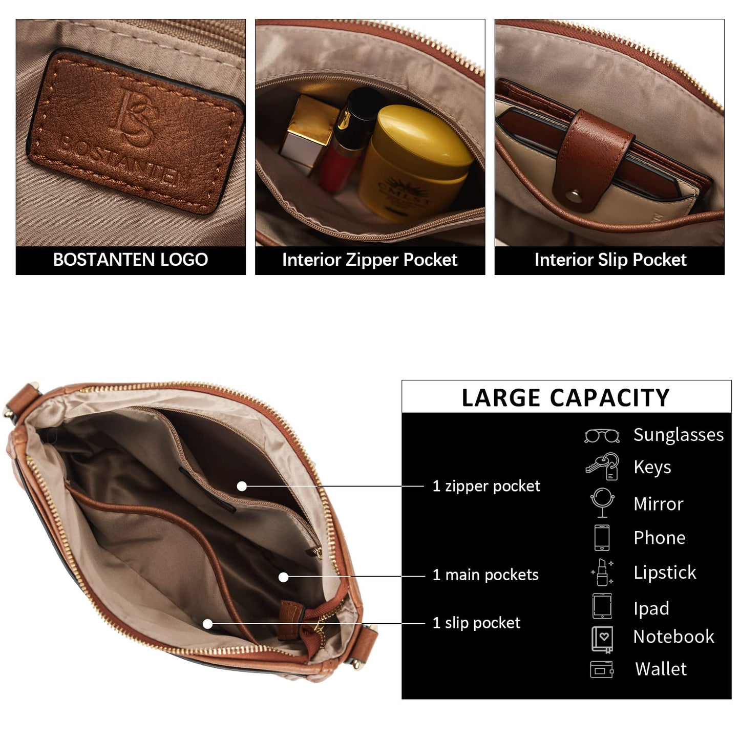 BOSTANTEN Crossbody Bags Handbags for Women Trendy Vegan Leather Hobo Purses Shoulder Handbags With Wide Shoulder Strap Brown
