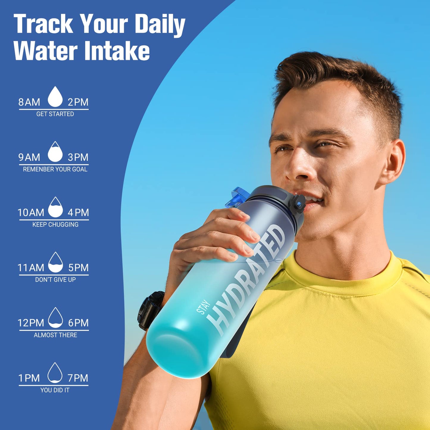 Sahara Sailor Leakproof Water Bottle 1L, Tritan BPA Free Motivational Sport Drinks Bottle with Clear Time Marker, Lock Cover, Easy Clean Brush, Durable for Gym, School, Hiking, Cycling (1 Bottle)