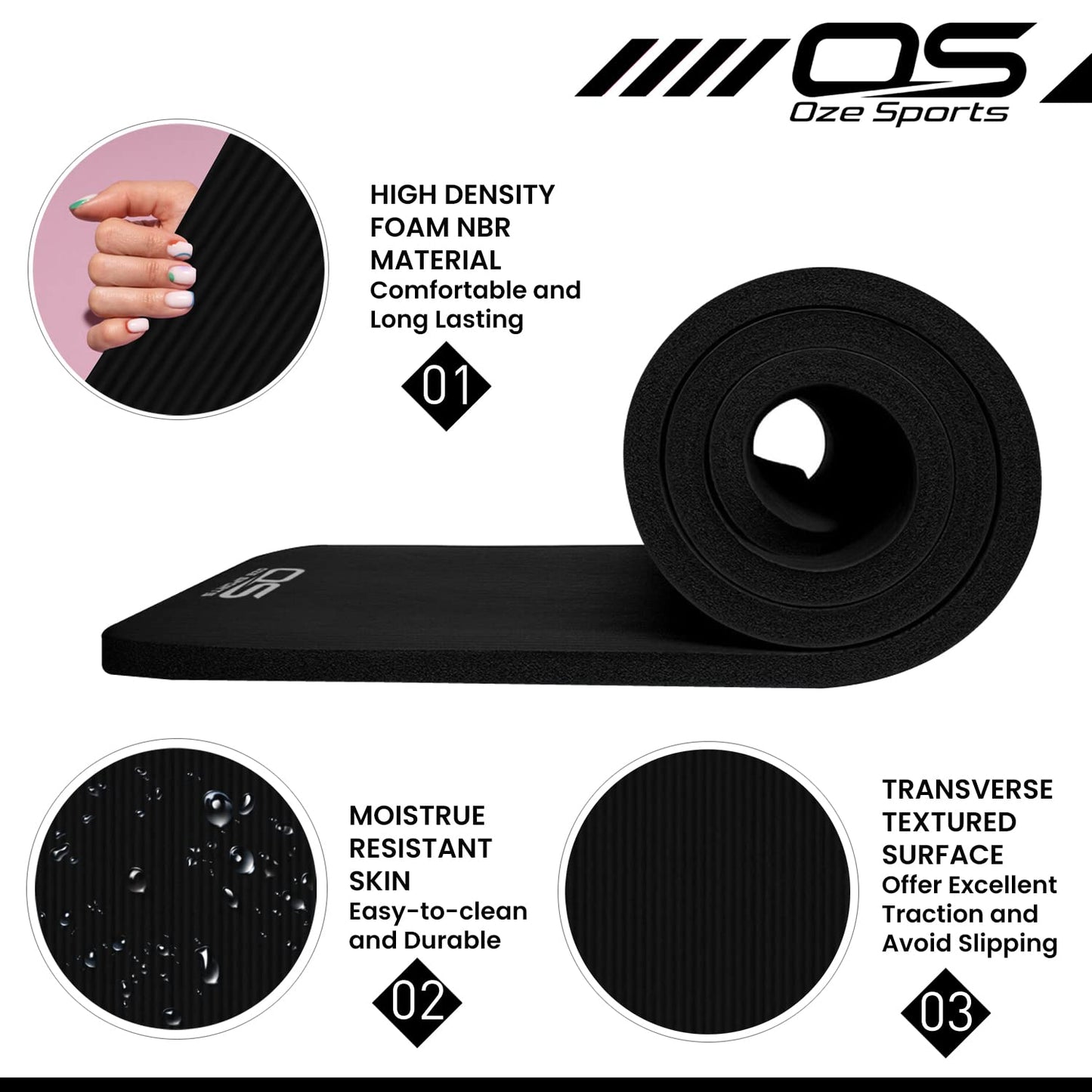 Yoga Mat Exercise NBR Fitness foam mat Extra Thick Non-Slip Large Padded High Density ideal for HiiT Pilates gymnastics mats Fitness & Workout with Free Carry Strap (Black)