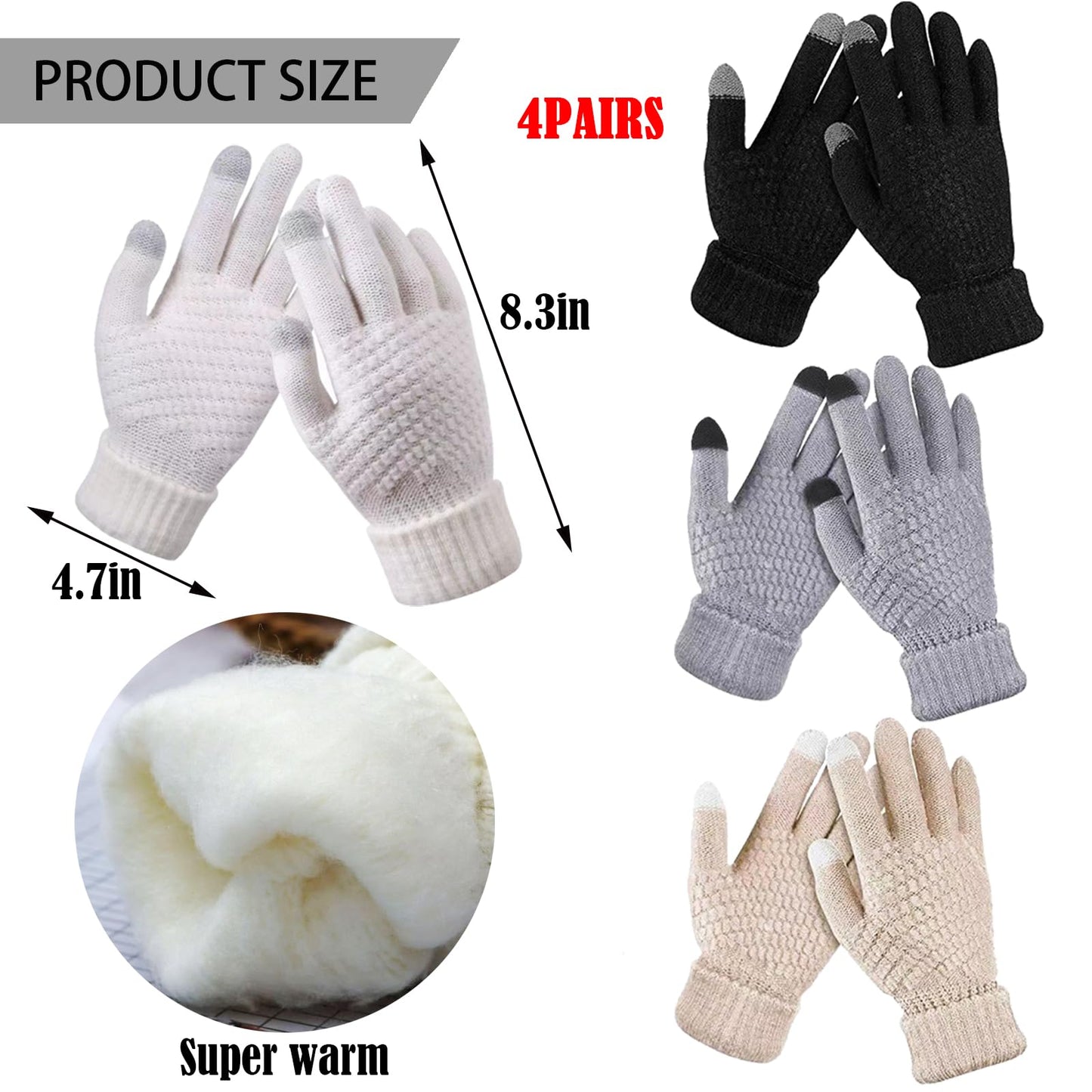 BDSHUNBF 4 Pairs Women's Warm Touchscreen Gloves, Elastic Cuff Anti-Slip Gloves for Texting and Winter