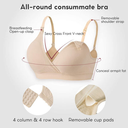 Vinfact Nursing Bra 3 Pack Seamless V Neck Maternity Bra Women Pregnancy Breastfeeding Bra（A-Black,Nude,Grey，M）