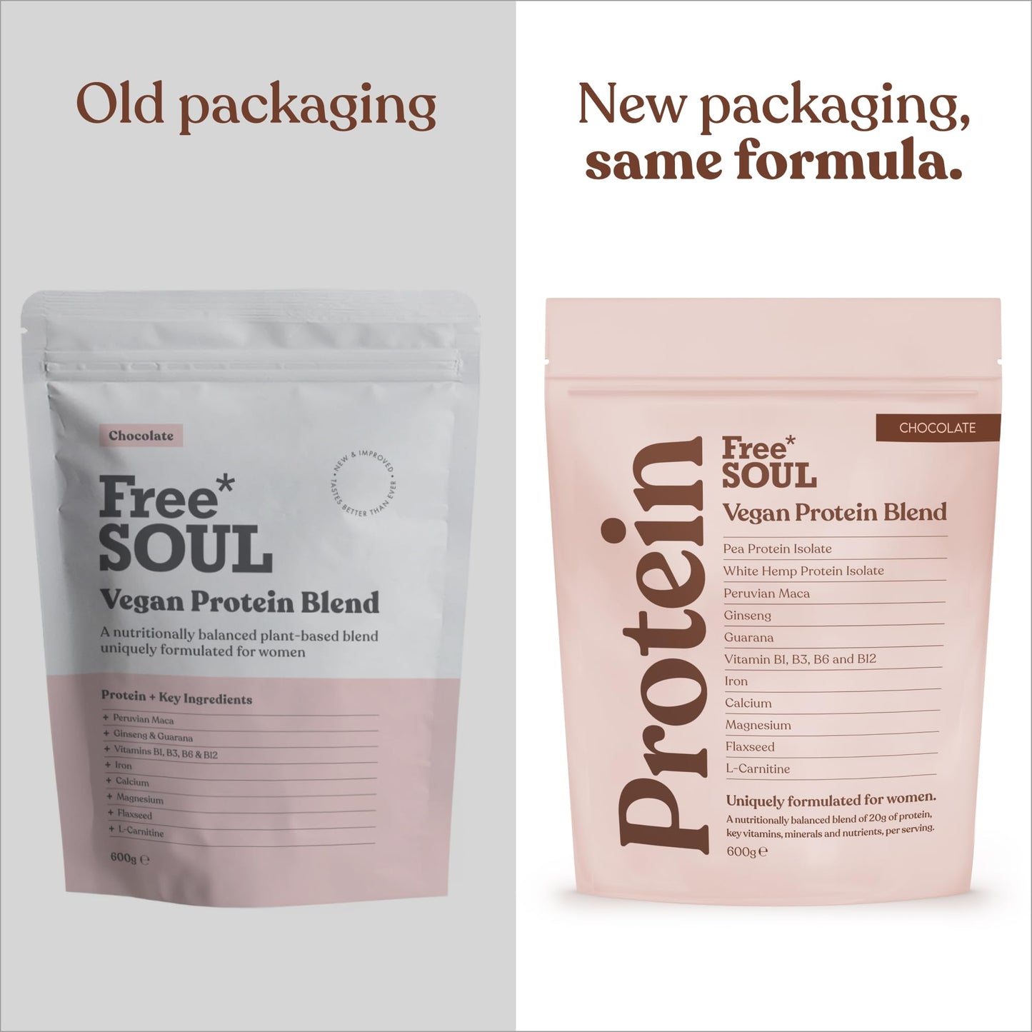 Free Soul Vegan Protein Powder | Formulated for Women | 600g | 20g Protein with Added Nutrients | Gluten & Soy Free Plant-Based Nutrition Shake | Pea & Hemp Isolate Protein | Chocolate Flavour