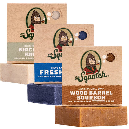 Dr. Squatch All Natural Soap Bar for Men, 3 Bar Variety Pack - Birchwood Breeze, Fresh Falls, Wood Barrel Bourbon
