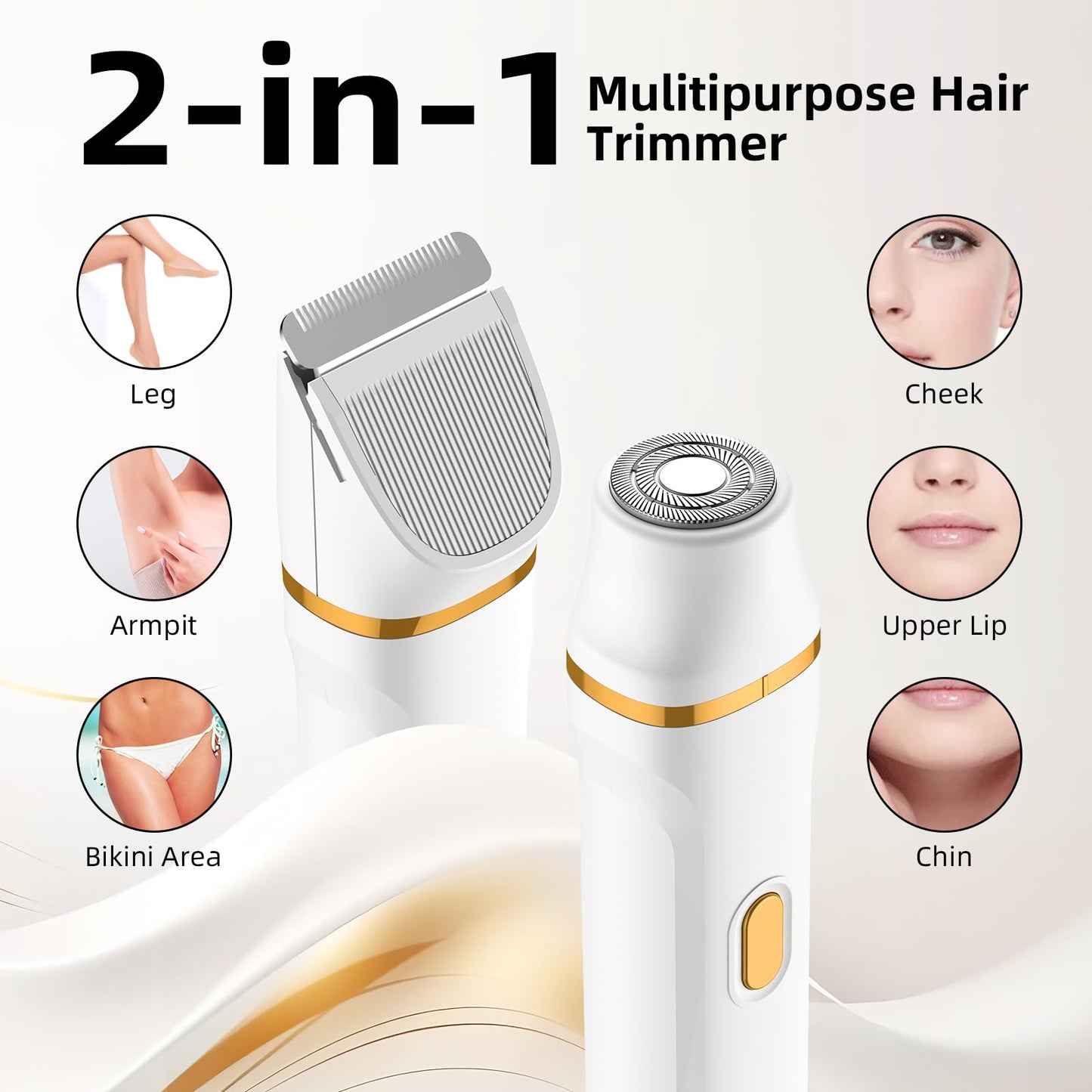 Lady Shavers for Women, Facial Hair Remover for Women 2-in-1 Bikini Trimmer Electric Razor for Arm & Leg &Bikini, IPX7 Waterproof Easy Cleaning (White)