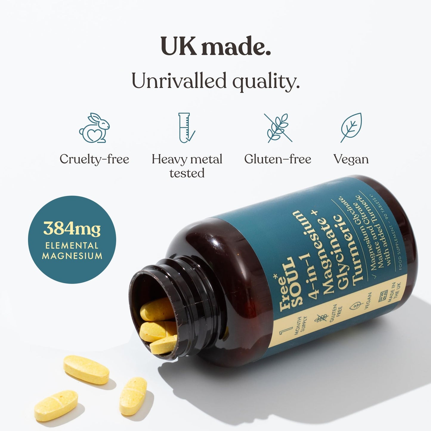 Magnesium Glycinate + Turmeric 4-in-1 Complex | Triple-Strength Magnesium Supplements with 1283mg, Bisglycinate, Citrate, Malate & 2000mg Turmeric | 90 Vegan Tablets | Gluten-Free