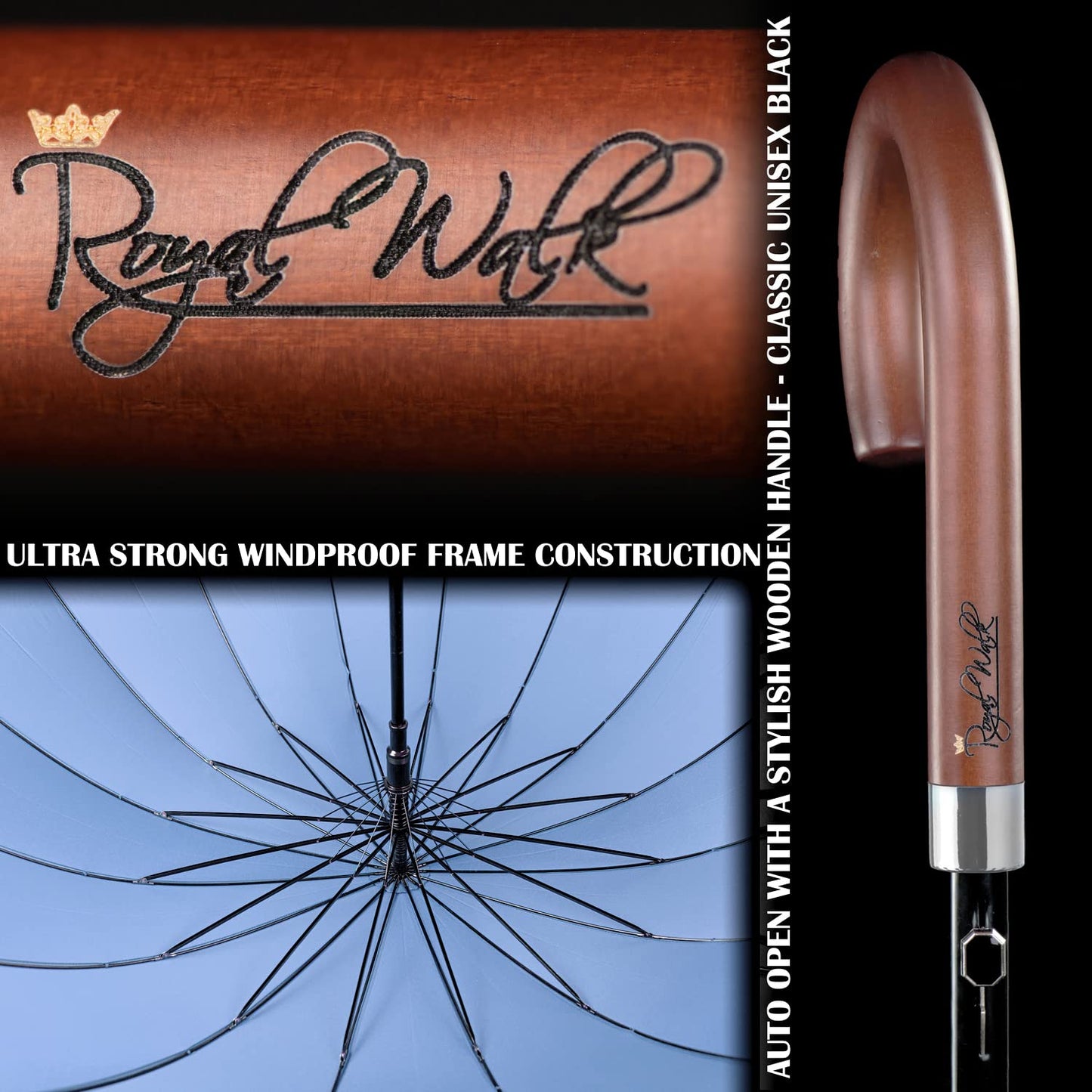 Royal Walk Windproof Umbrella Black Large 54 Inch Automatic Open for 2 Persons Stormproof for Men Women Classic Wooden Handle Lightweight Waterproof Durable Strong 16 Ribs Travel Golf 120cm Slate Blue