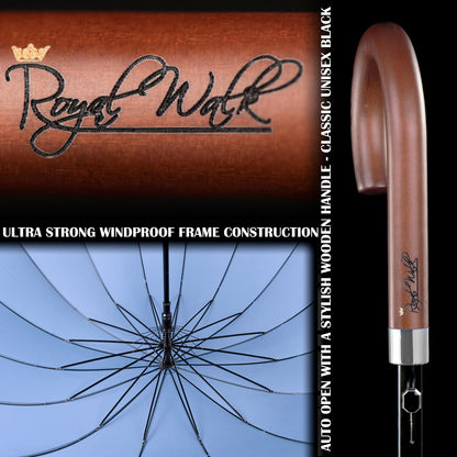 Royal Walk Windproof Umbrella Black Large 54 Inch Automatic Open for 2 Persons Stormproof for Men Women Classic Wooden Handle Lightweight Waterproof Durable Strong 16 Ribs Travel Golf 120cm Slate Blue