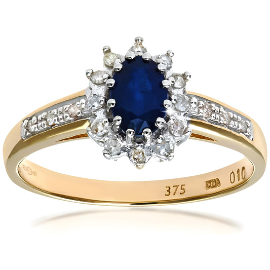 Naava Women's Sapphire and 12 Diamond Set Shoulders 9 ct Yellow Gold Ring - Size L