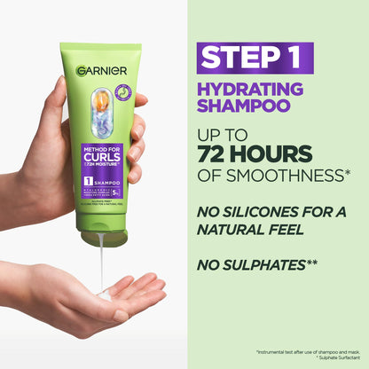 Garnier Method For Curls Moisture Shampoo, up to 7 days of moisture & curl definition. Designed, tested & approved on all curl types, including type 4 curls & coils. Silicone free, Vegan Formula,150ml