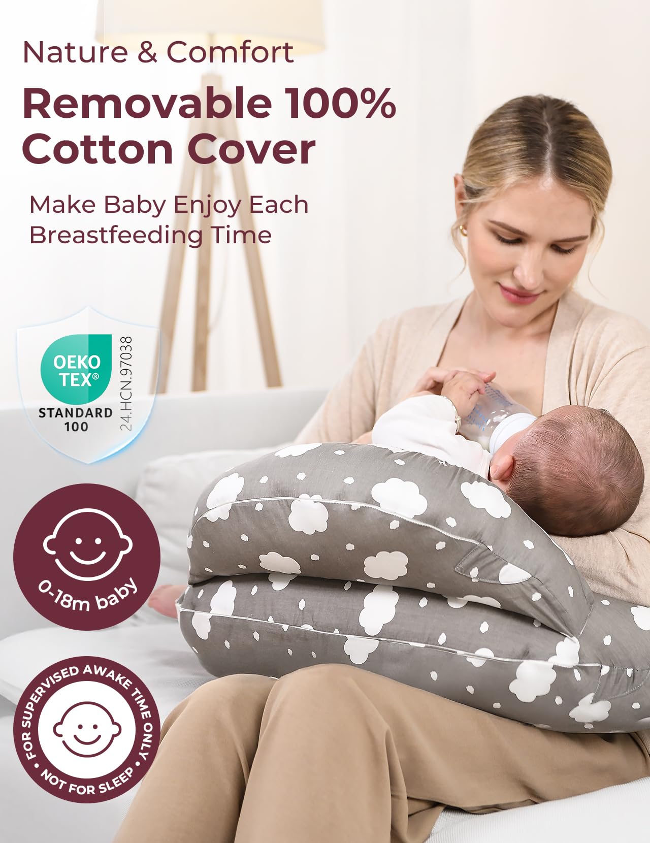 momcozy Nursing Pillow With Breastfeeding - Ergonomic Support & Original Security Fence to Baby' Safety - Making Breastfeeding Easy and Comfort for Mom & Baby - Removable Cotton Cover, Gray