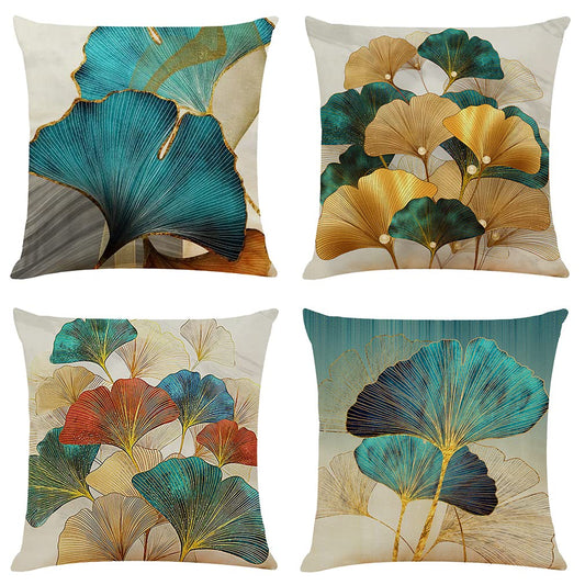 Sweetwill Set of 4 Decorative Cushion Covers 45 x 45 Linen Jungle Throw Pillow Cases Gold Teal Farmhouse Natural Cushion Covers 18x18 Sofa Cushions Modern Living Room Outdoor Garden