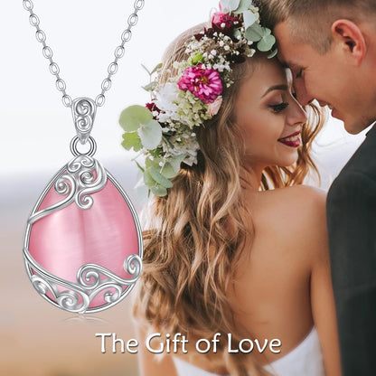 YAFEINI Teardrop Necklace 925 Sterling Silver Pink Natural Stone Necklace Filigree Pendant Necklace Jewellery for Women Girls (V-Pink Opal teardrop necklace)