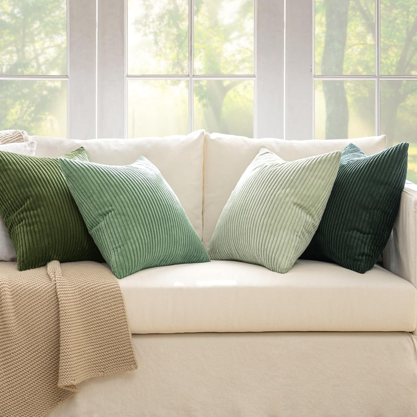 MIULEE Corduroy Christmas Cushion Covers Soft Decorative Square Throw Pillow Covers Cushion Soft Pillowcase Striped Pack of four for Home decor Sofa 45cm x 45cm,18x18 Inches Forest Green Series