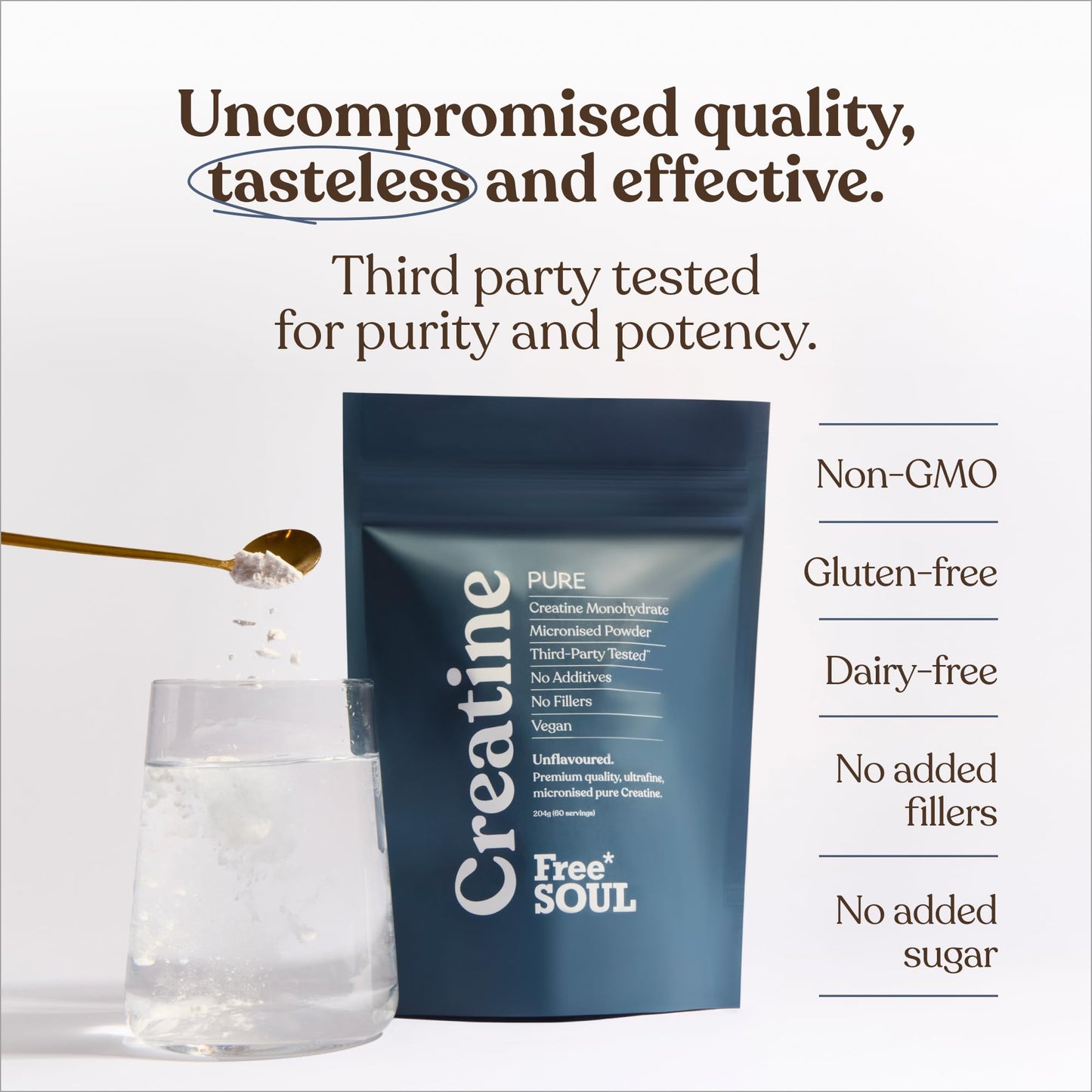 Creatine Monohydrate Powder | 100% Pure Micronised Creatine Monohydrate | Easily Dissolves | Unflavoured | Vegan | Lab-Tested | 60 Servings | Free Soul
