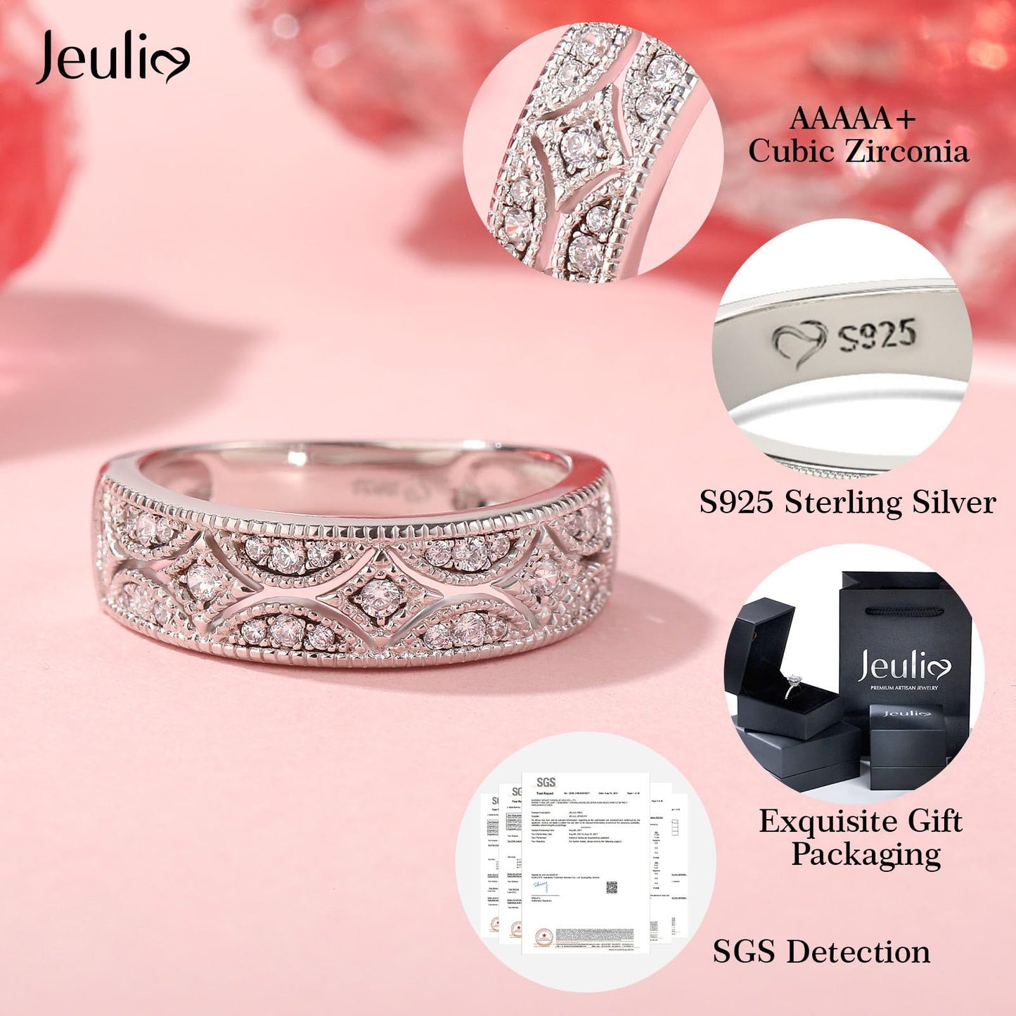 Jeulia 925 Sterling Silver Rings Milgrain Round Cut Women's Band Anniversary Promise Rings with Jewelry Box for Her Women ladiess (K-1/2) (Silver, Q-½)
