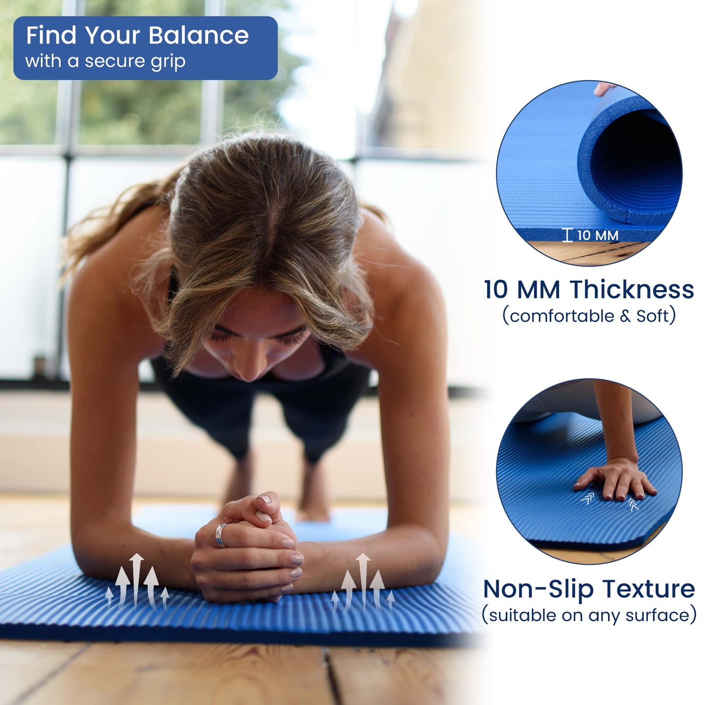 TJC Non-Slip NBR Exercise Mat - 10MM Thickness, Eco Friendly Workout Mat with Carrying Strap for Yoga, Pilates and Fitness, 188x61x1.0 CM (6.2ft Length & 2ft Width)