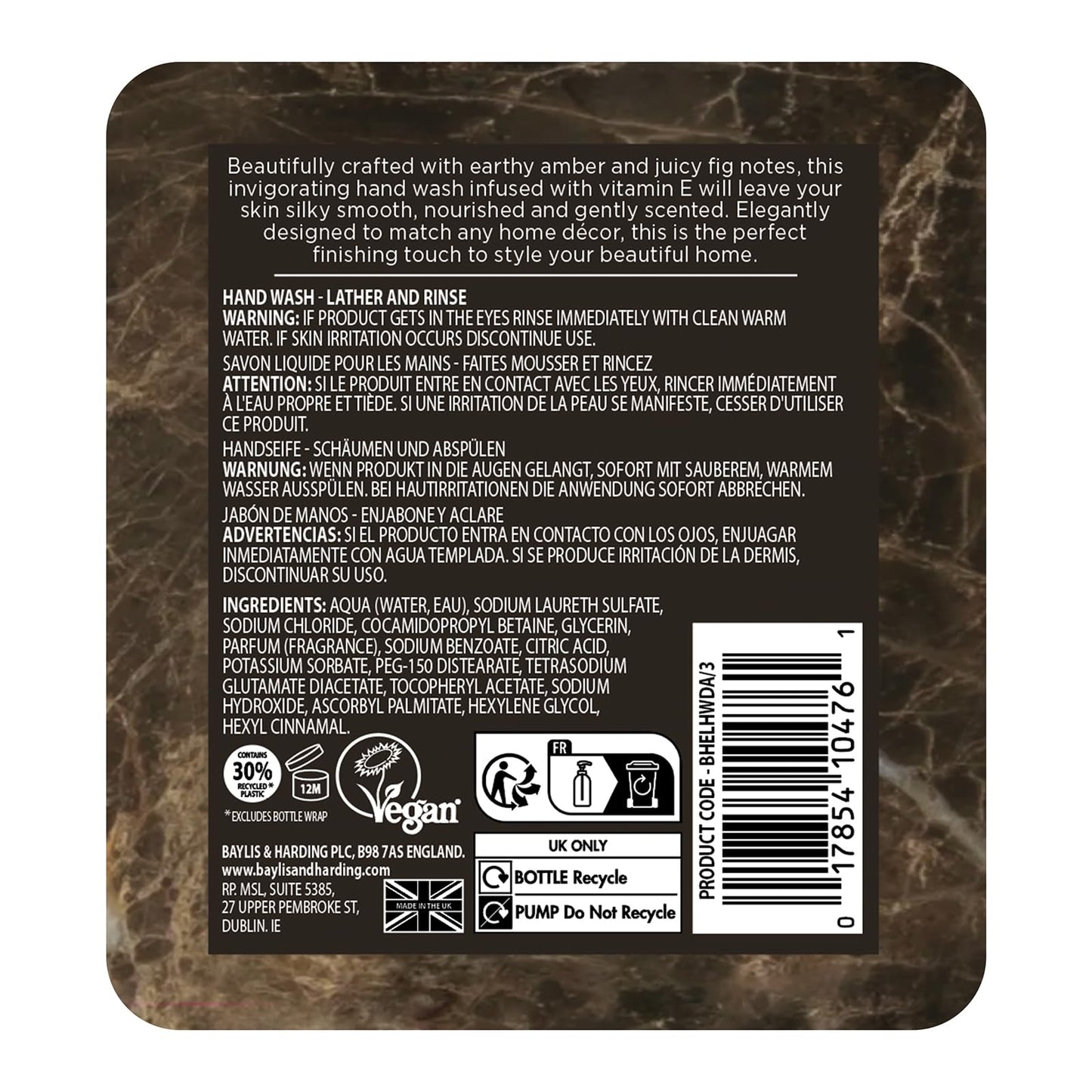 Baylis & Harding Dark Amber & Fig Elements Hand Wash, 500 ml (Pack of 3) - Vegan Friendly