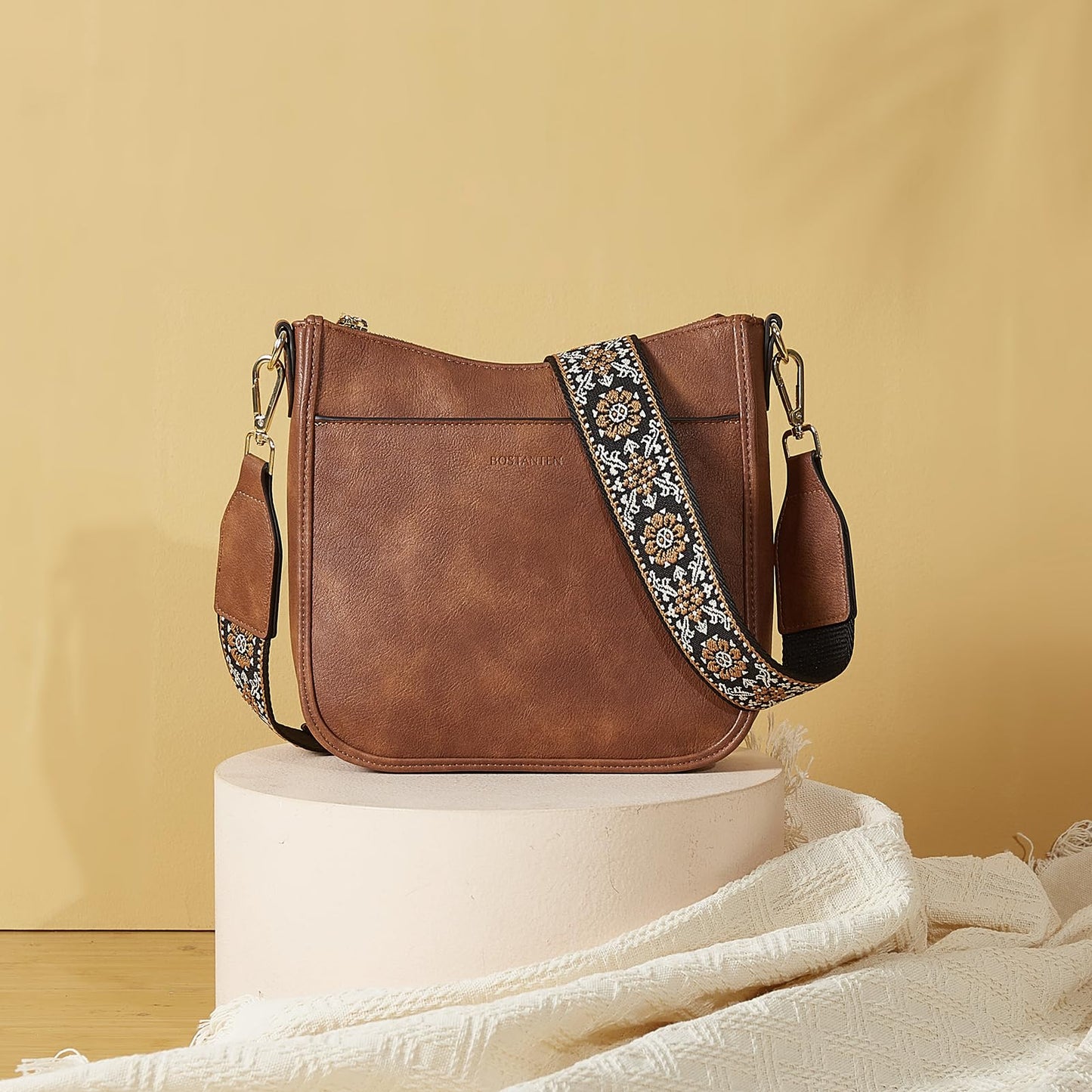 BOSTANTEN Crossbody Bags Handbags for Women Trendy Vegan Leather Hobo Purses Shoulder Handbags With Wide Shoulder Strap Brown