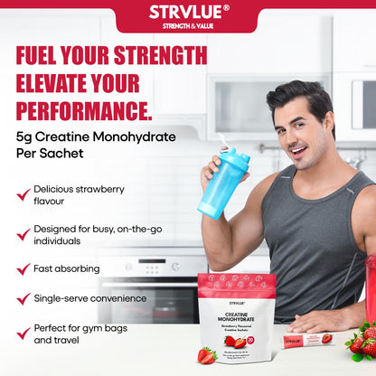 Creatine Monohydrate | Lab Tested | 30 Travel Sachets, 5g Creatine Each | Natural Strawberry Flavour | Zero Sugar | Supports Muscle Growth, Strength, Recovery, Cognition & Performance | for Men&Women