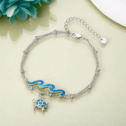 DAYLINLOVE Turtle Wave Anklet 925 Sterling Silver Blue Opal Turtle Wave Anklet Ocean Jewellery for Women