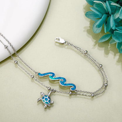 DAYLINLOVE Turtle Wave Anklet 925 Sterling Silver Blue Opal Turtle Wave Anklet Ocean Jewellery for Women